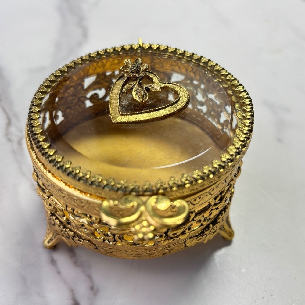 Vintage Gold Filigree Glass Top Heart Jewelry Box Footed Trinket Case